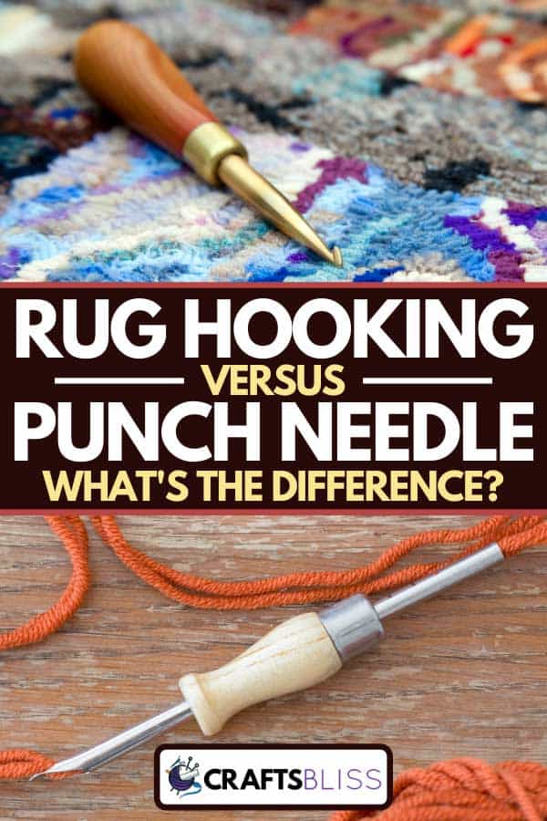 Collage of a rug hook on a traditional hooked mat and a wool yarn with punch needle, Rug Hooking vs. Punch Needle: What's the difference?