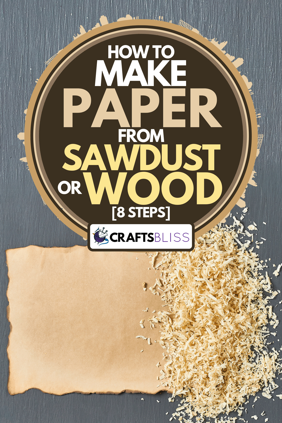 A scattered wooden sawdust and blank old burnt paper sheet for drawings on dark concrete surface in carpentry workshop, How to Make Paper From Sawdust or Wood [8 Steps]
