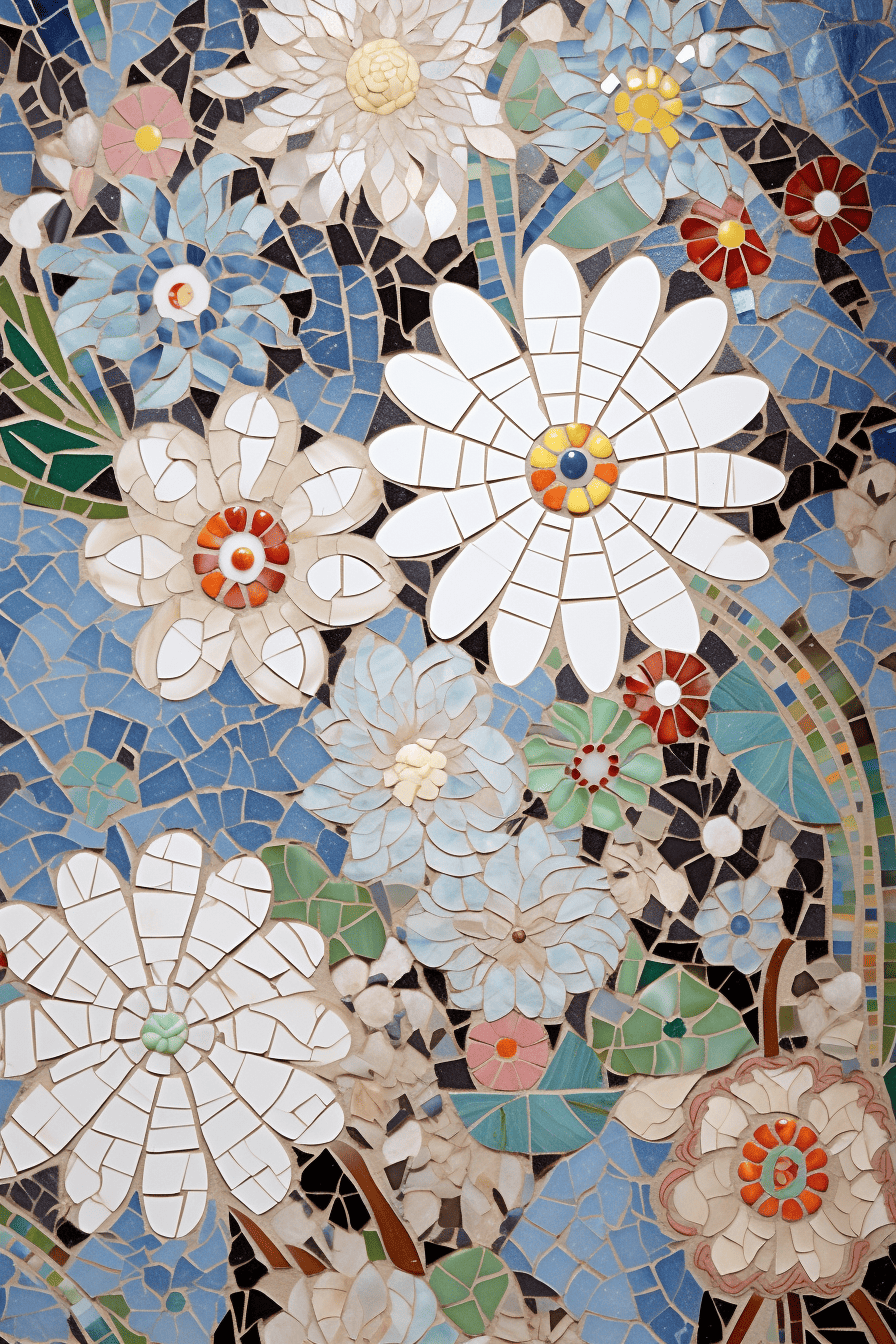 A photorealistic depiction of a mosaic crafted with ceramic tiles, showcasing varied shapes and a glazed finish in flower