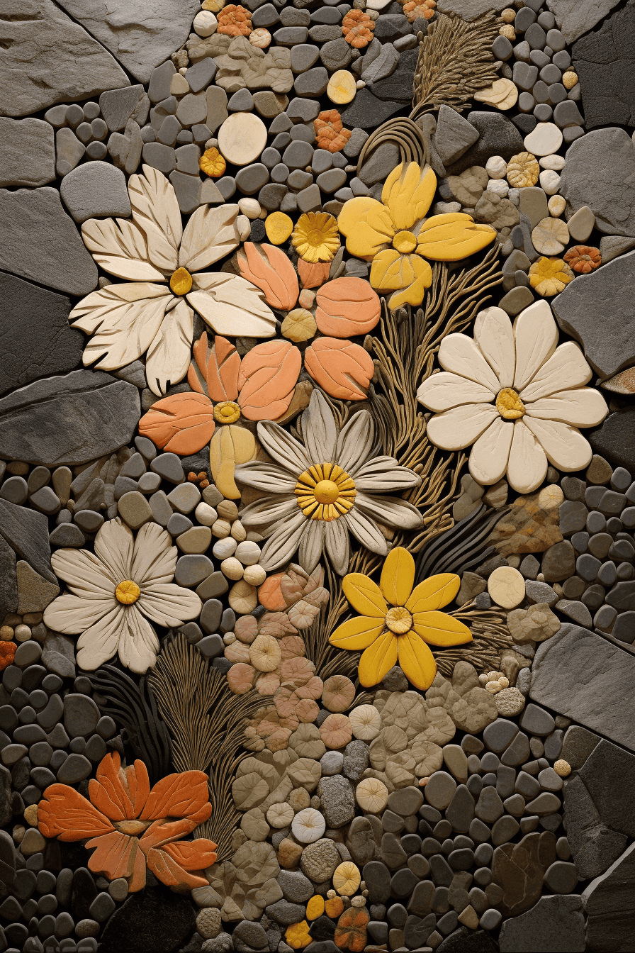 a hyperrealistic image of a stone mosaic, intricately depicting flowers with varied earthy tones