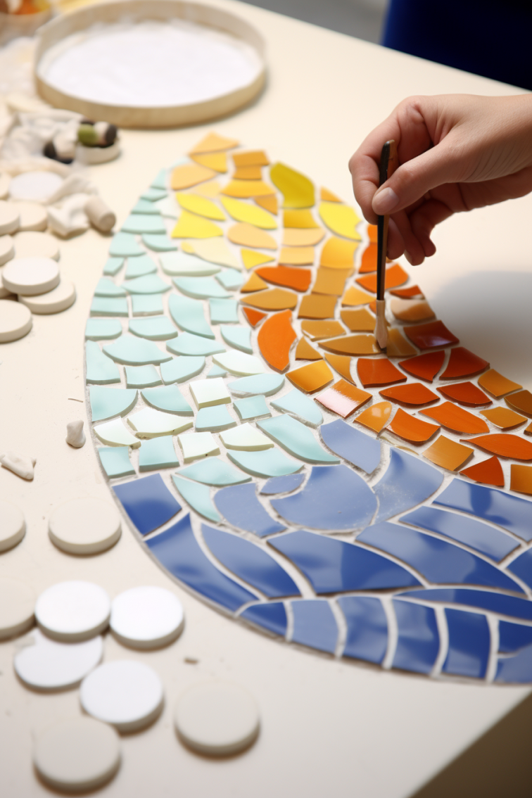 a hyperrealistic photo of a porcelain mosaic, intricately showcasing precisely cut pieces forming a stunning floral pattern