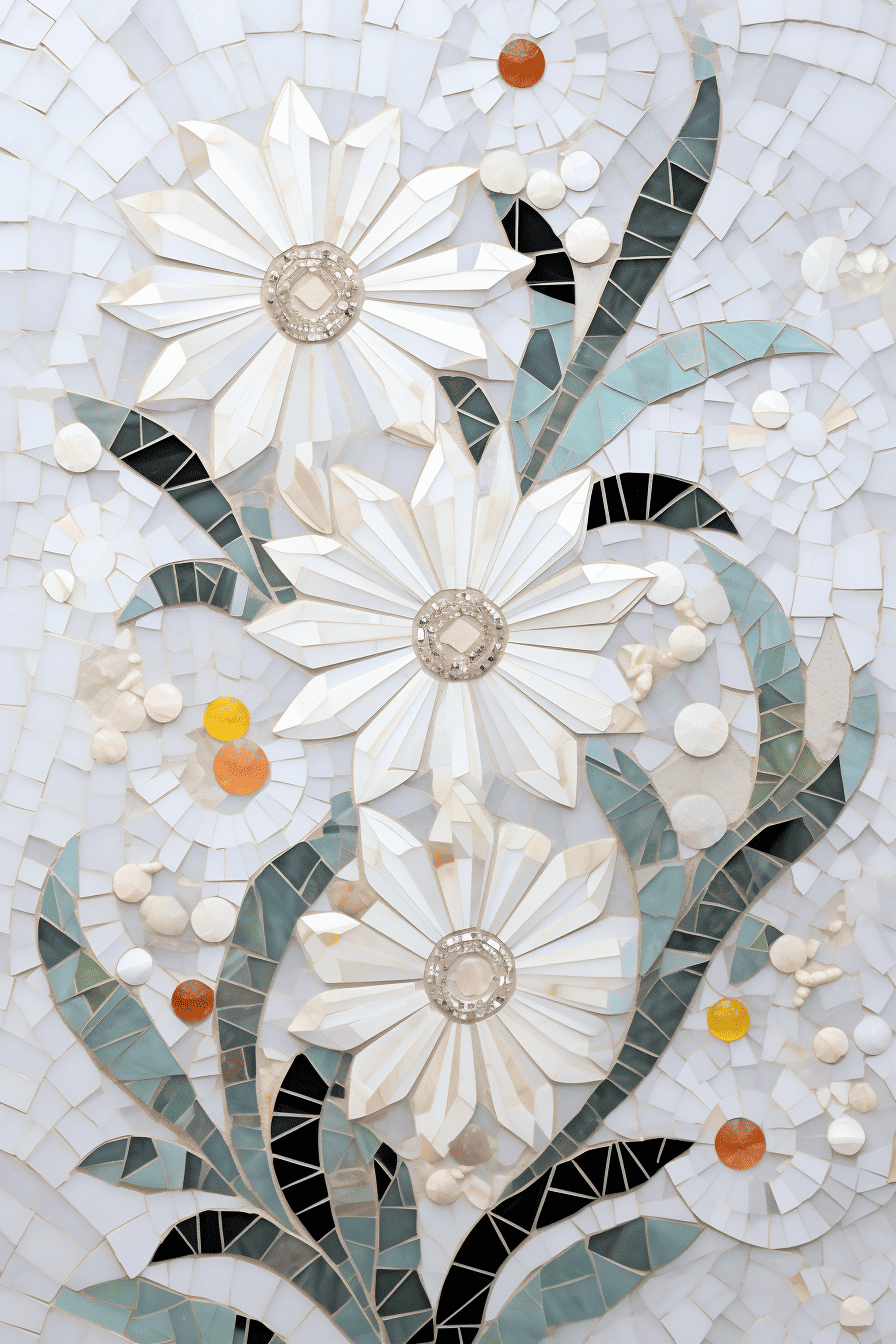 a lifelike representation of a mosaic with precisely cut marble pieces, forming an intricate flower pattern