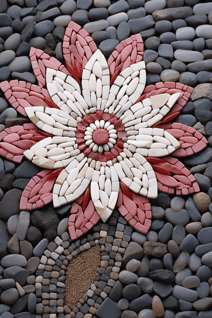 a realistic depiction of a pebble mosaic forming a beautiful flower