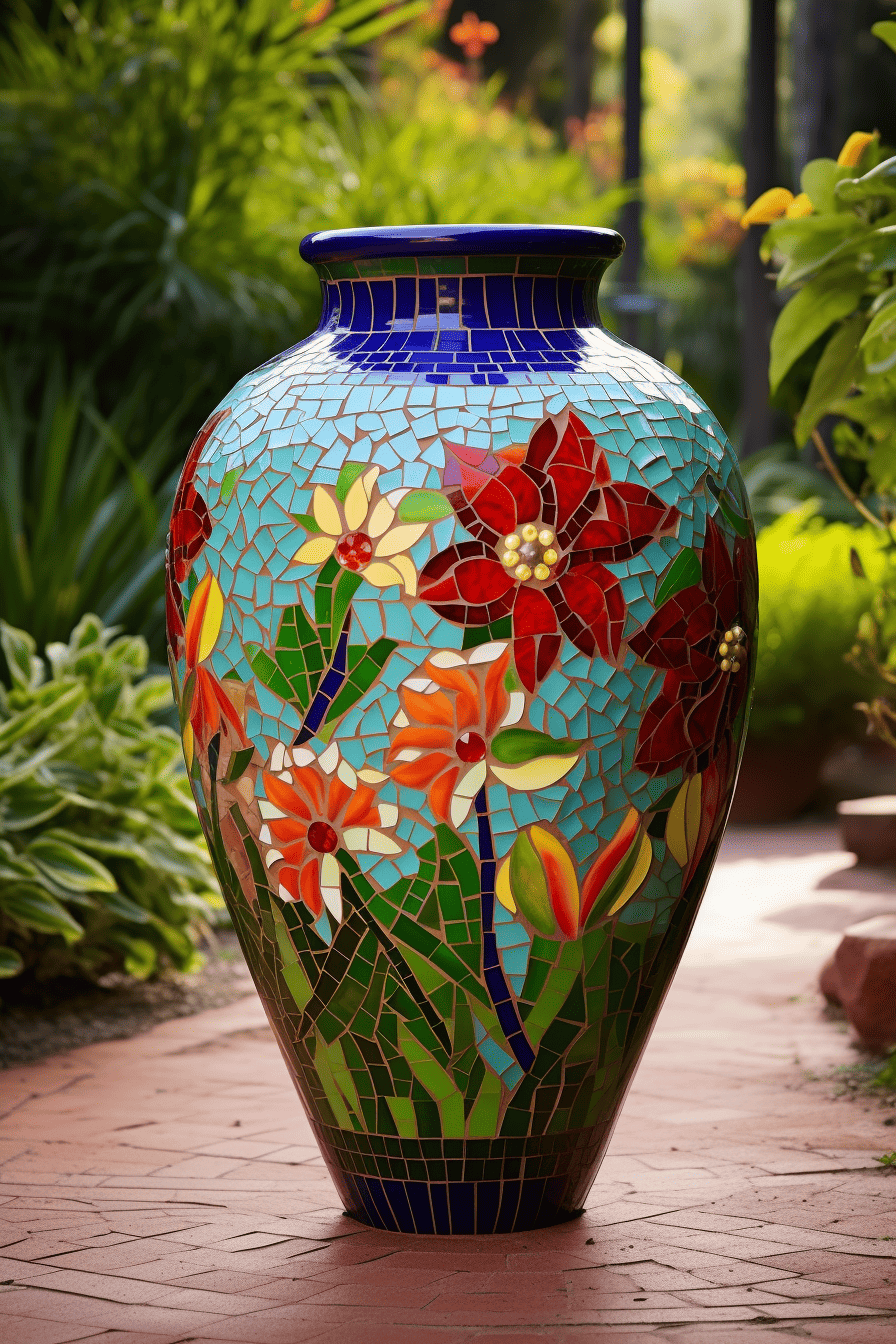 a realistic representation of a pottery mosaic with an attractive floral theme