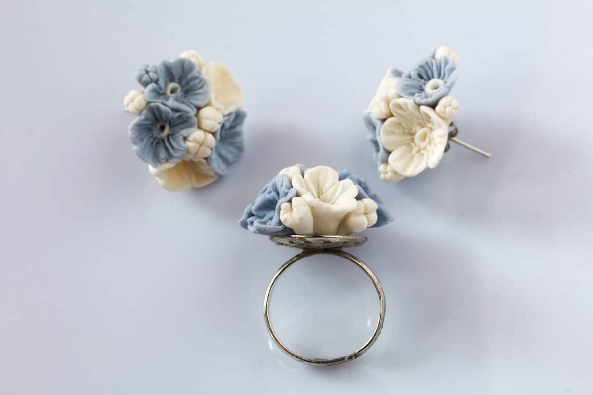 White and blue designed polymer clay flower earrings