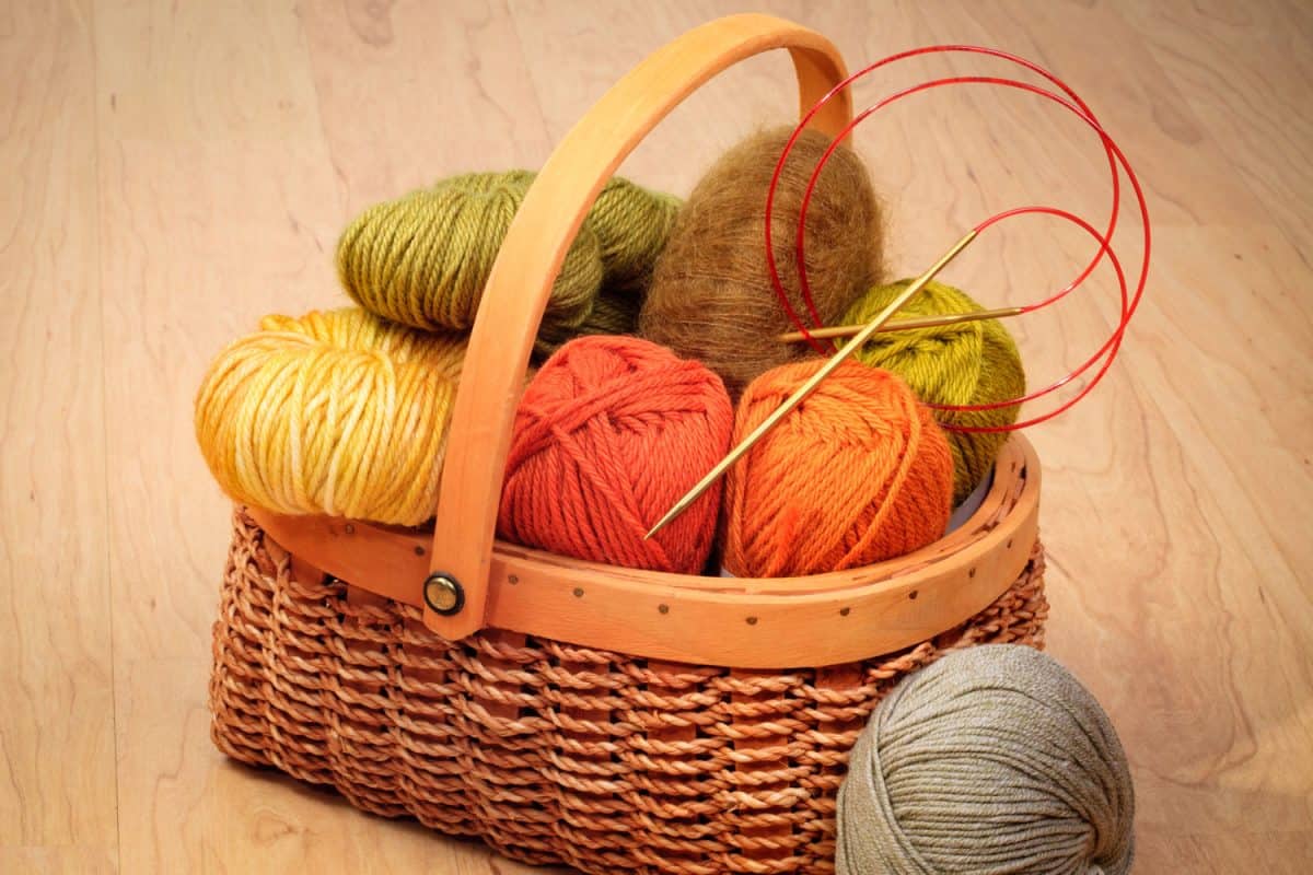 A basket full of yarns for a crochet project