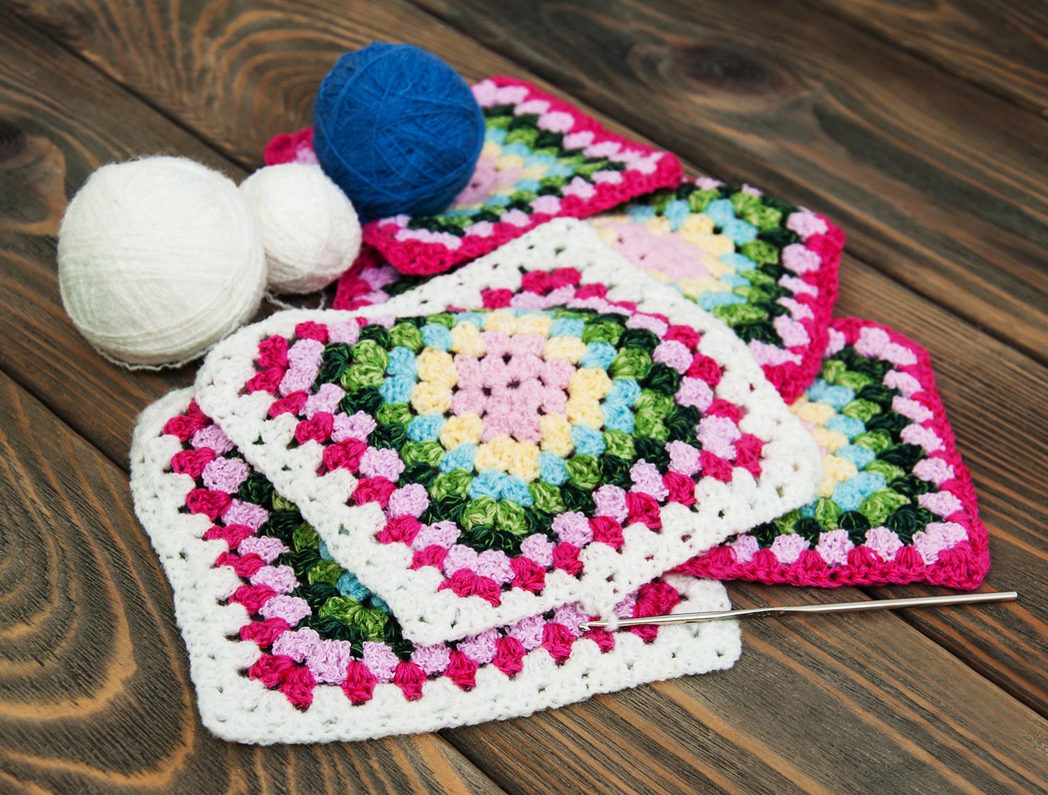 Multicolored plaid squares of crocheted