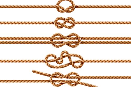 Set of isolated ropes with different knot types. Nautical thread or cord with sheet bend and overhand, granny and figure eight, square or reef knot. Two ropes knotted or whipcord intertwined. Marine 