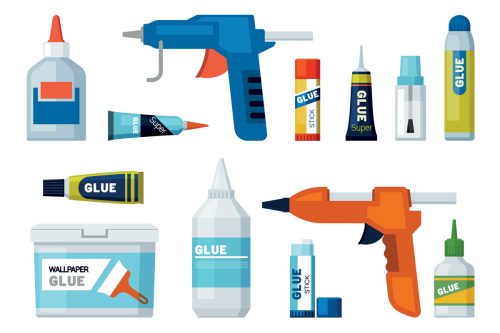 glue tubes. office supplies different packages of glue. Vector colored illustrations 