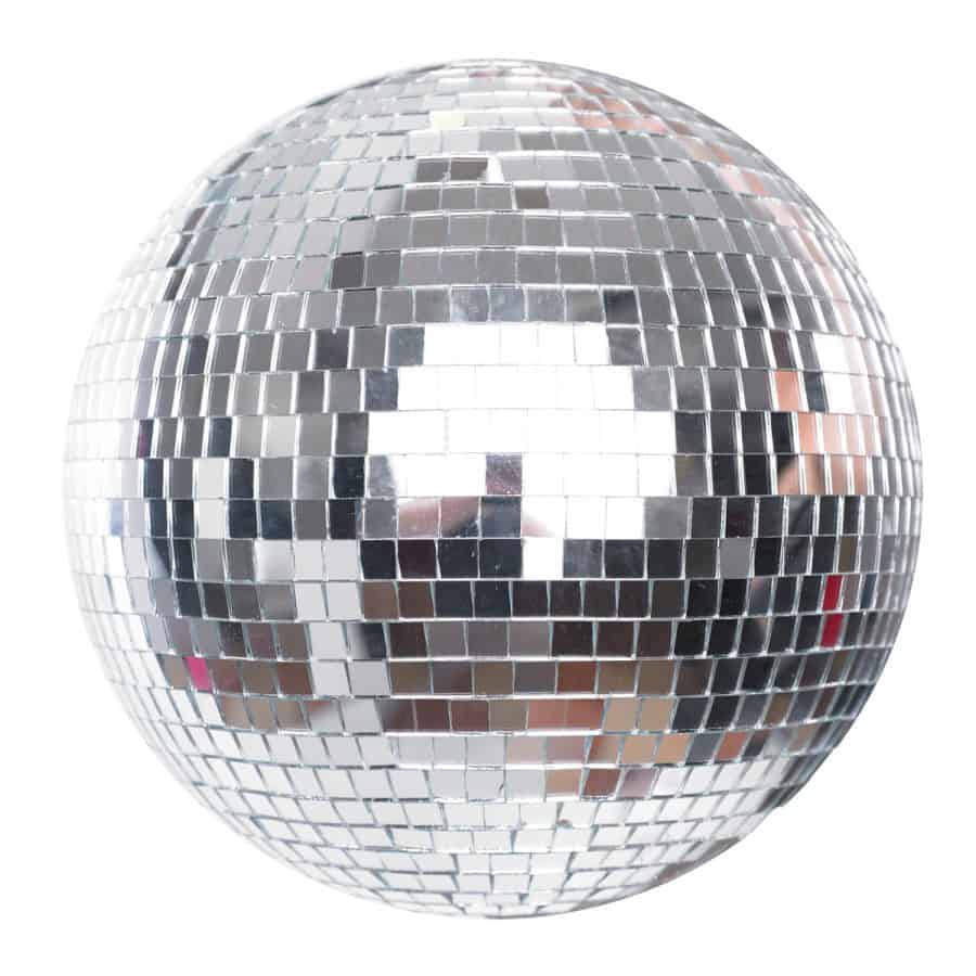A silver colored Disco ball on a white background